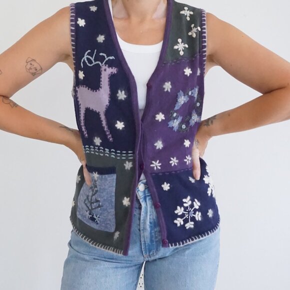 Vintage North Crest Patchwork Reindeer Floral Embroidered Knit Vest Sweater S - Picture 1 of 8